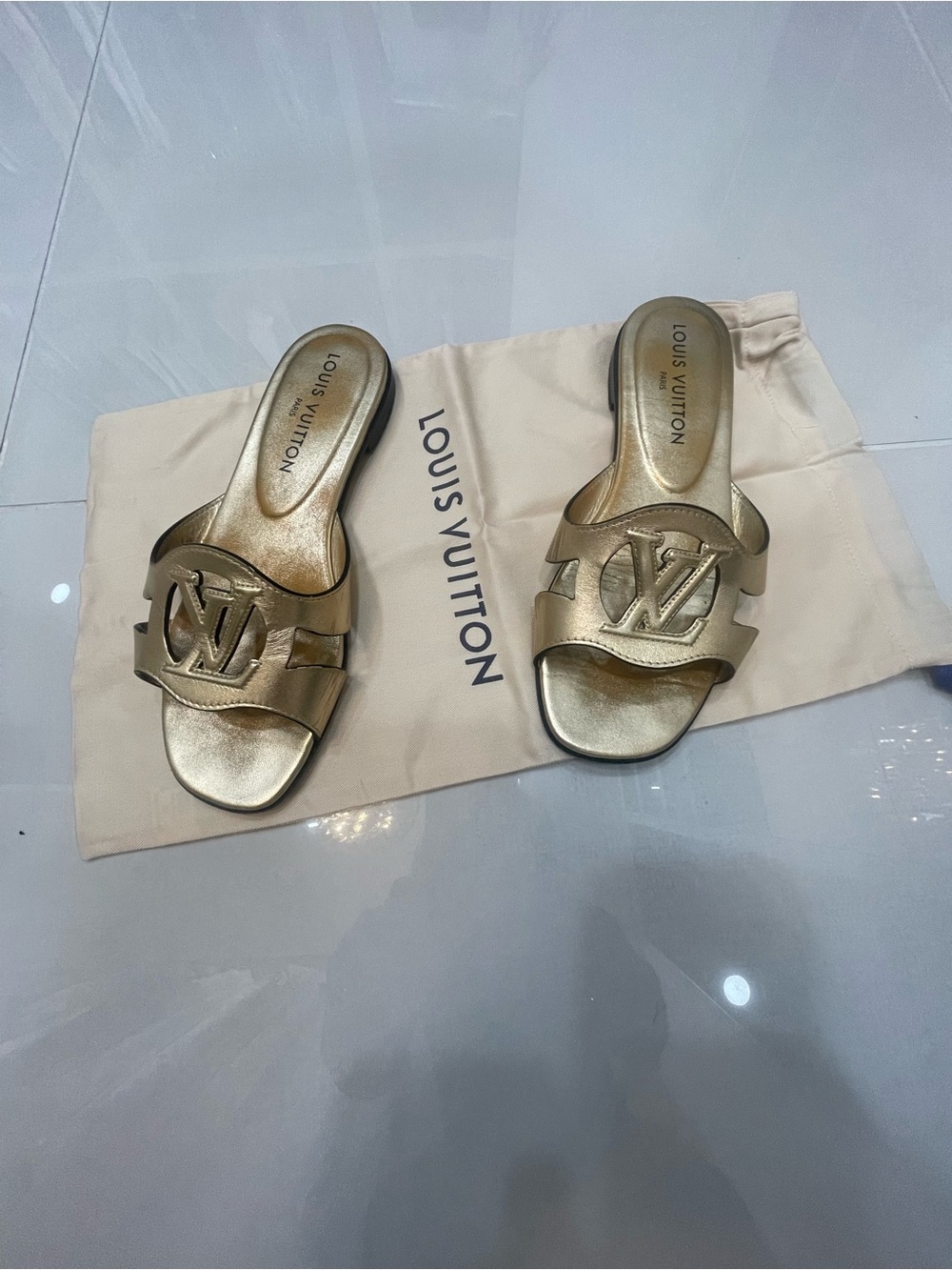 Louis Vuitton Metallic Gold LV Logo Slide Mules Size 38 - Picture 2 of 9